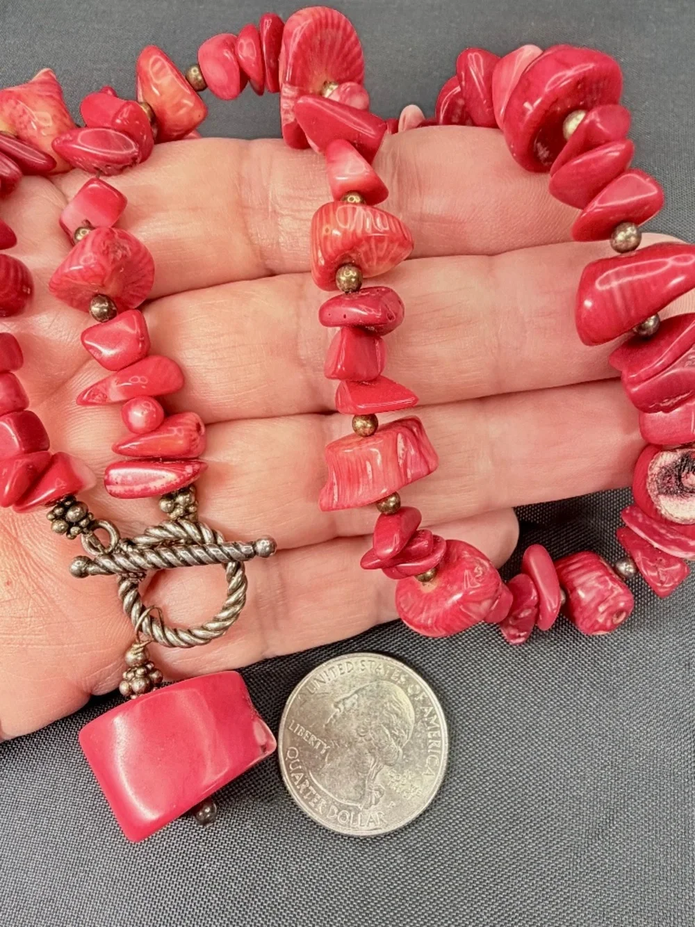 Vintage Southwestern Red Coral Necklace Artisan Beaded Silver-tone, 16